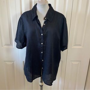 Avenue Black 100% Linen Short Sleeve Button Down Blouse Detailed Collar sz 22/24